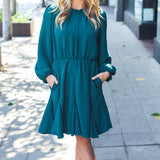 Love Found Hunter Green Mock Neck Godet Woven Dress