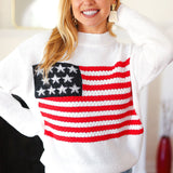 American Flag White Crochet Oversized Knit Sweater