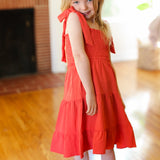 Kids Darling Paprika Crepe Tiered Smocked Shoulder Tie Dress