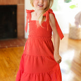 Kids Darling Paprika Crepe Tiered Smocked Shoulder Tie Dress