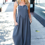 Everyday Grey Olive Wide Leg Suspender Overall Jumpsuit