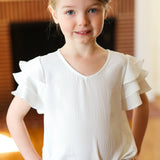 Kids Lovable Linen Feel V Neck Ruffle Sleeve Top