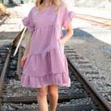 Red Ruffle Tiered Gingham Cotton Pocketed Dress