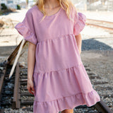 Red Ruffle Tiered Gingham Cotton Pocketed Dress