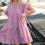 Red Ruffle Tiered Gingham Cotton Pocketed Dress