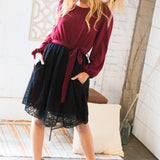 Maroon & Black Lace Overlay Sash Tie Dress