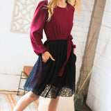 Maroon & Black Lace Overlay Sash Tie Dress