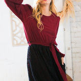 Maroon & Black Lace Overlay Sash Tie Dress