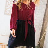 Maroon & Black Lace Overlay Sash Tie Dress