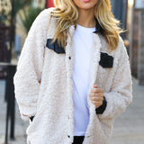 Feeling Bold Ivory Sherpa Fleece Faux Leather Jacket