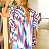 American Red White & Blue Stripe Shirred Yoke Neck Top