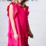 French Rose Tiered Ruffle Crinkle Dress