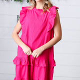 French Rose Tiered Ruffle Crinkle Dress