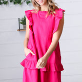 French Rose Tiered Ruffle Crinkle Dress