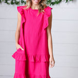 French Rose Tiered Ruffle Crinkle Dress