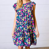 Navy Flat Floral Woven Poplin Ruffle Frill Sleeve Dress