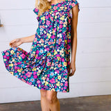 Navy Flat Floral Woven Poplin Ruffle Frill Sleeve Dress