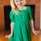 Kids Adorable Green Button Square Neck Ruche Back Dress