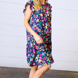 Navy Flat Floral Woven Poplin Ruffle Frill Sleeve Dress