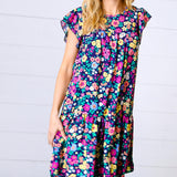 Navy Flat Floral Woven Poplin Ruffle Frill Sleeve Dress