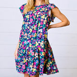 Navy Flat Floral Woven Poplin Ruffle Frill Sleeve Dress