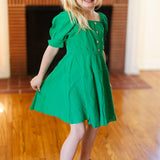 Kids Adorable Green Button Square Neck Ruche Back Dress