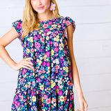 Navy Flat Floral Woven Poplin Ruffle Frill Sleeve Dress