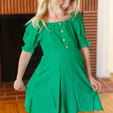 Kids Adorable Green Button Square Neck Ruche Back Dress