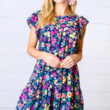 Navy Flat Floral Woven Poplin Ruffle Frill Sleeve Dress