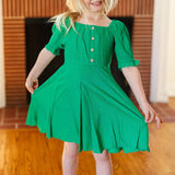 Kids Adorable Green Button Square Neck Ruche Back Dress