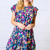 Navy Flat Floral Woven Poplin Ruffle Frill Sleeve Dress