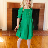 Kids Adorable Green Button Square Neck Ruche Back Dress