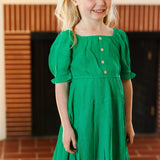 Kids Adorable Green Button Square Neck Ruche Back Dress