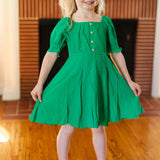 Kids Adorable Green Button Square Neck Ruche Back Dress