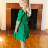 Kids Adorable Green Button Square Neck Ruche Back Dress