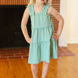 Kids Joyful Sage Tiered Ruffle Sleeveless Dress