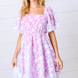 Magenta Floral Burnout Velvet Puff Sleeve Dress