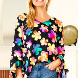 Be Bold Black Floral Hi-Lo Ruffle Sleeve Woven Top