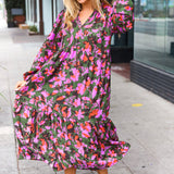 Go For It Forest & Lavender Floral Print Notched Neck Tiered Maxi Dress