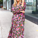 Go For It Forest & Lavender Floral Print Notched Neck Tiered Maxi Dress