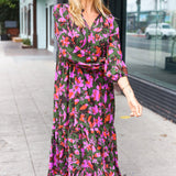 Go For It Forest & Lavender Floral Print Notched Neck Tiered Maxi Dress