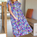 Just A Dream Navy Floral Smocked Ruffle Sleeve Maxi Dress