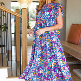 Just A Dream Navy Floral Smocked Ruffle Sleeve Maxi Dress