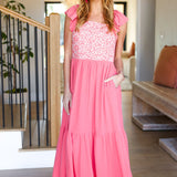 More Than Lovely Coral Floral Embroidery Dot Maxi Dress