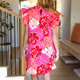 True Love Pink & Red Floral Smocked Ruffle Sleeve Dress