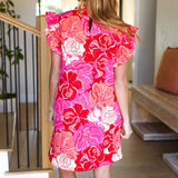 True Love Pink & Red Floral Smocked Ruffle Sleeve Dress