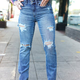 Judy Blue Medium Wash Mid Rise Distressed Straight Leg Jeans