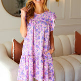 Spring Lilac Floral Tiered Ruffle Sleeve Woven Dress