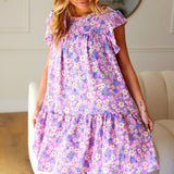 Spring Lilac Floral Tiered Ruffle Sleeve Woven Dress