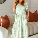 Sunny Days Sage Floral Print Fit & Flare Sash Belt V Neck Dress